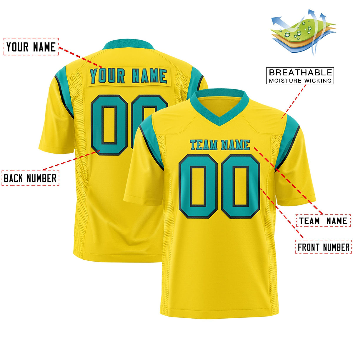 Custom Gold Aqua Personalized Shoulder Cut Two-Tone Authentic American Football Jersey