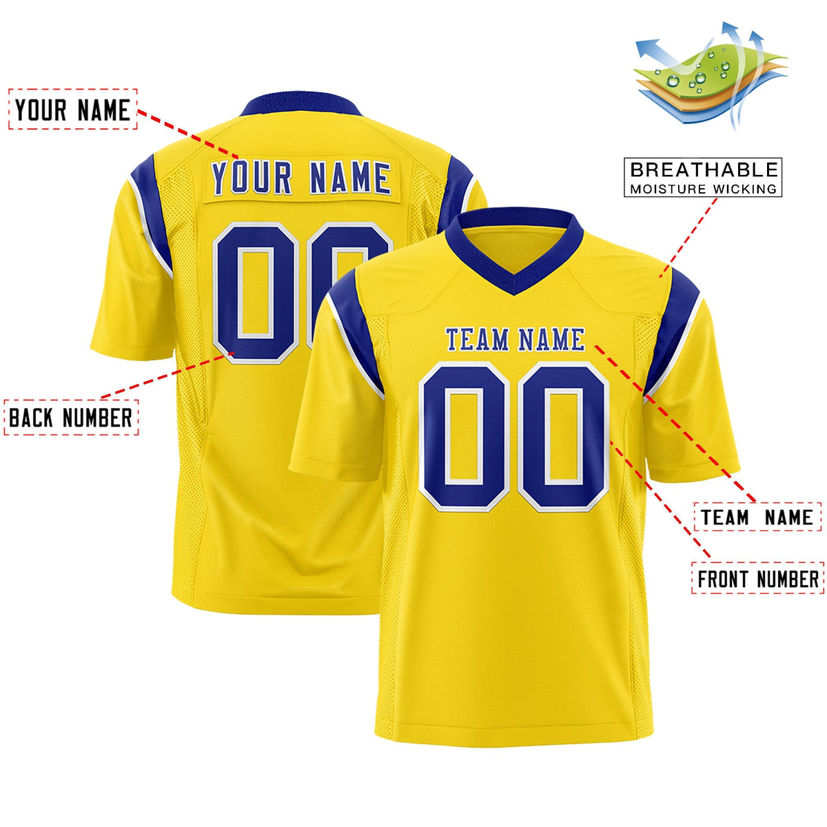 Custom Gold Royal Personalized Shoulder Cut Two-Tone Authentic American Football Jersey