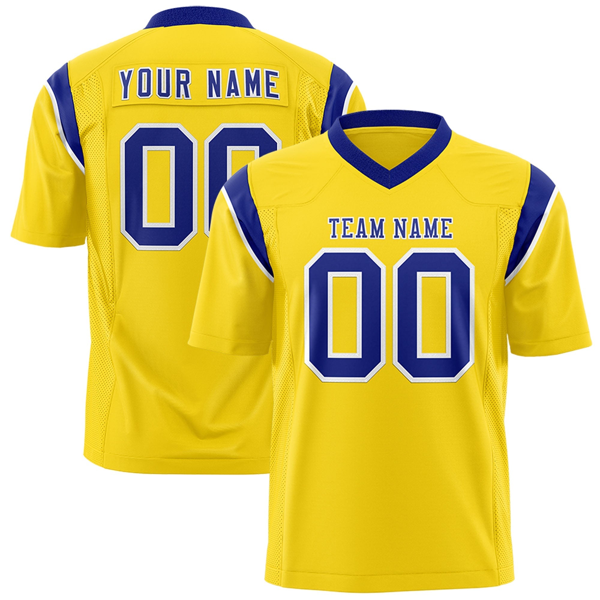 Custom Gold Royal Personalized Shoulder Cut Two-Tone Authentic American Football Jersey