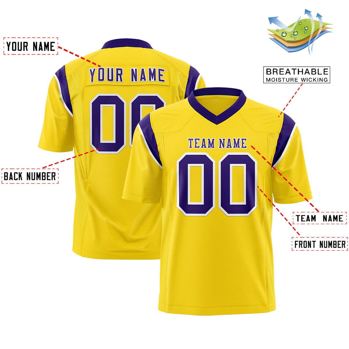 Custom Gold Purple Personalized Shoulder Cut Two-Tone Authentic American Football Jersey