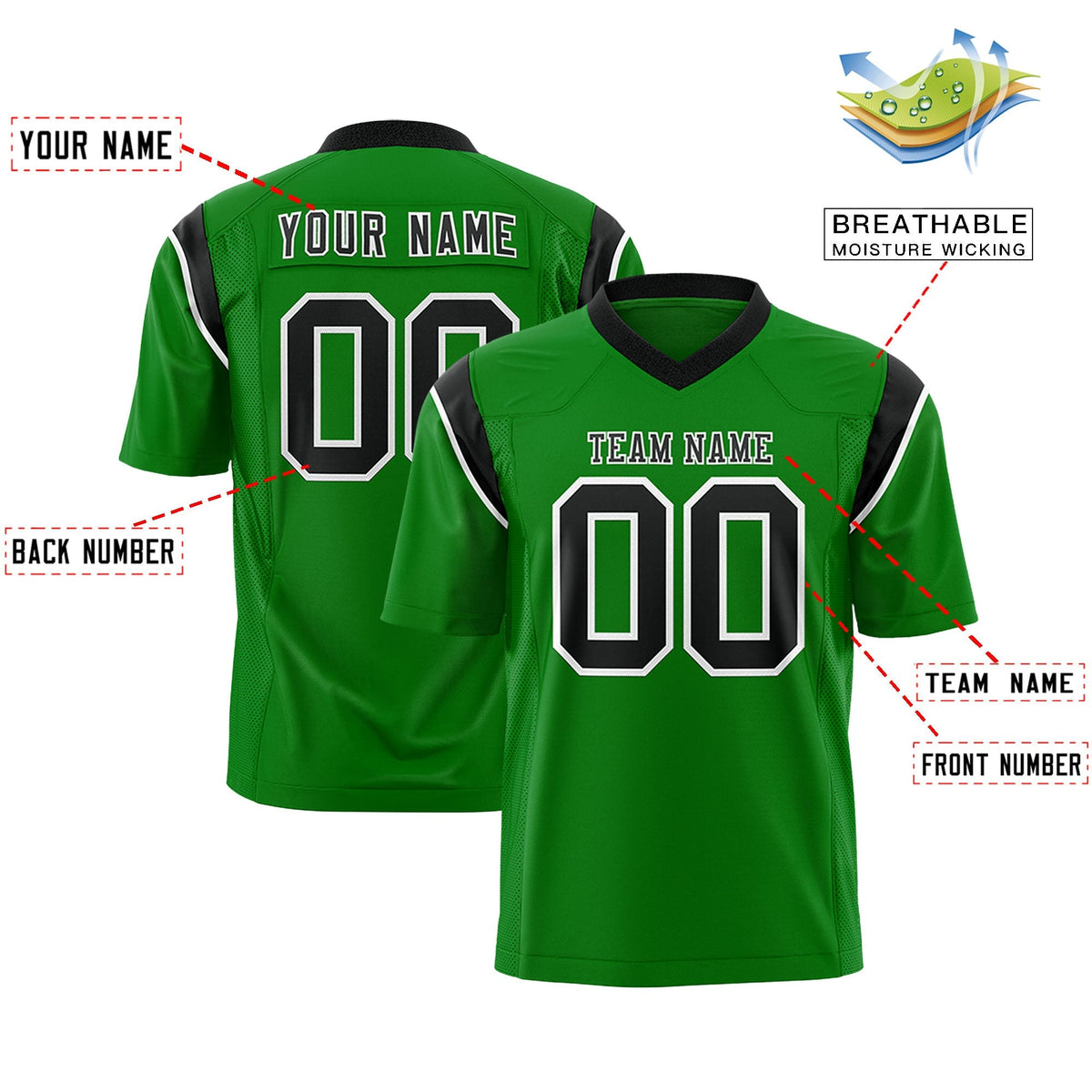 Custom Kelly Green Black Personalized Shoulder Cut Two-Tone Authentic American Football Jersey