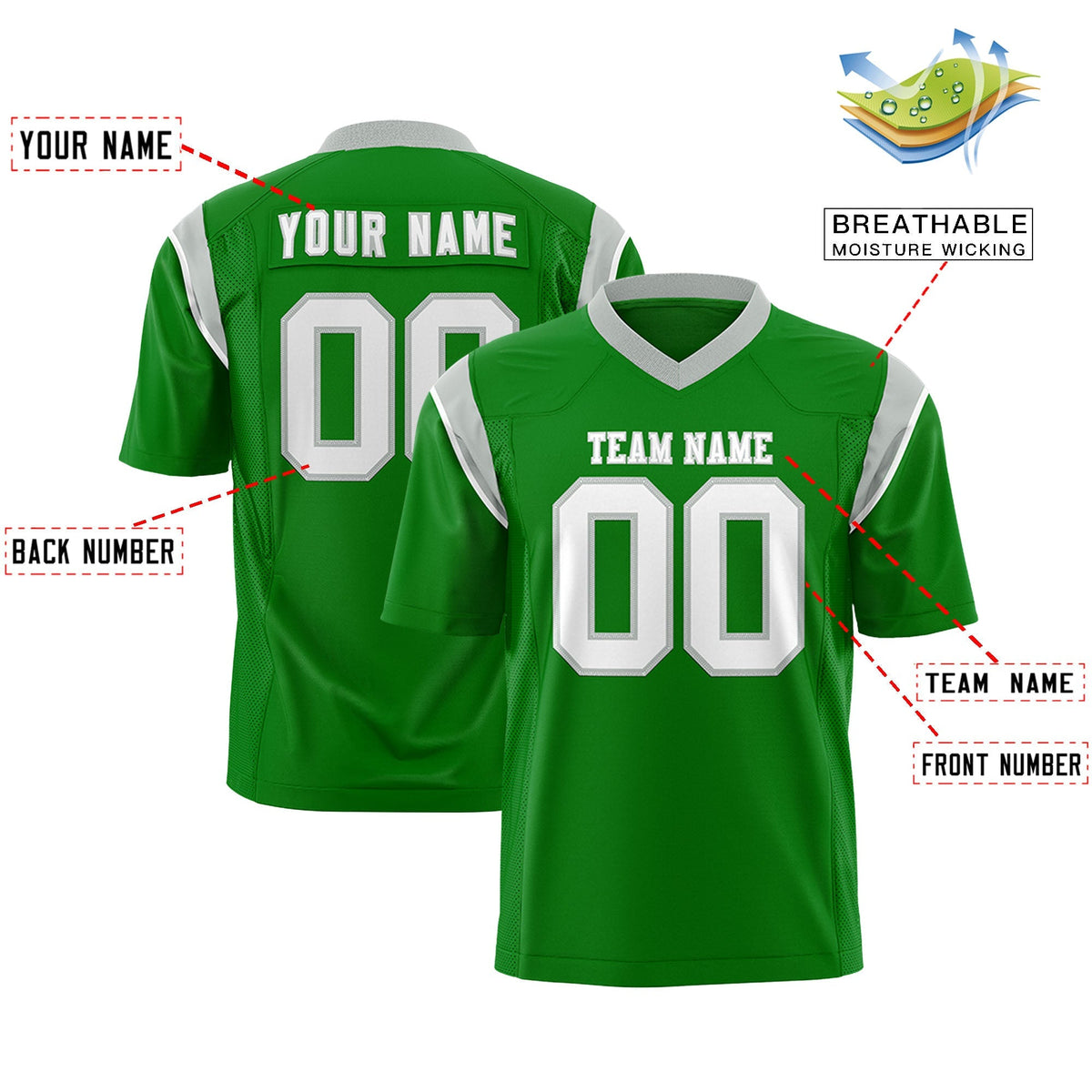 Custom Kelly Green Gray Personalized Shoulder Cut Two-Tone Authentic American Football Jersey