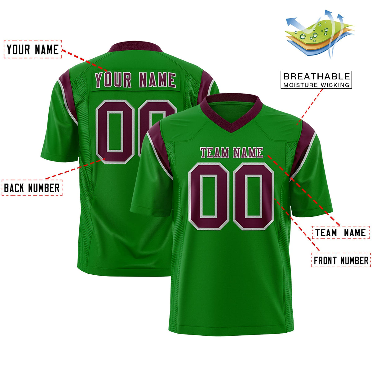 Custom Kelly Green Burgundy Personalized Shoulder Cut Two-Tone Authentic American Football Jersey