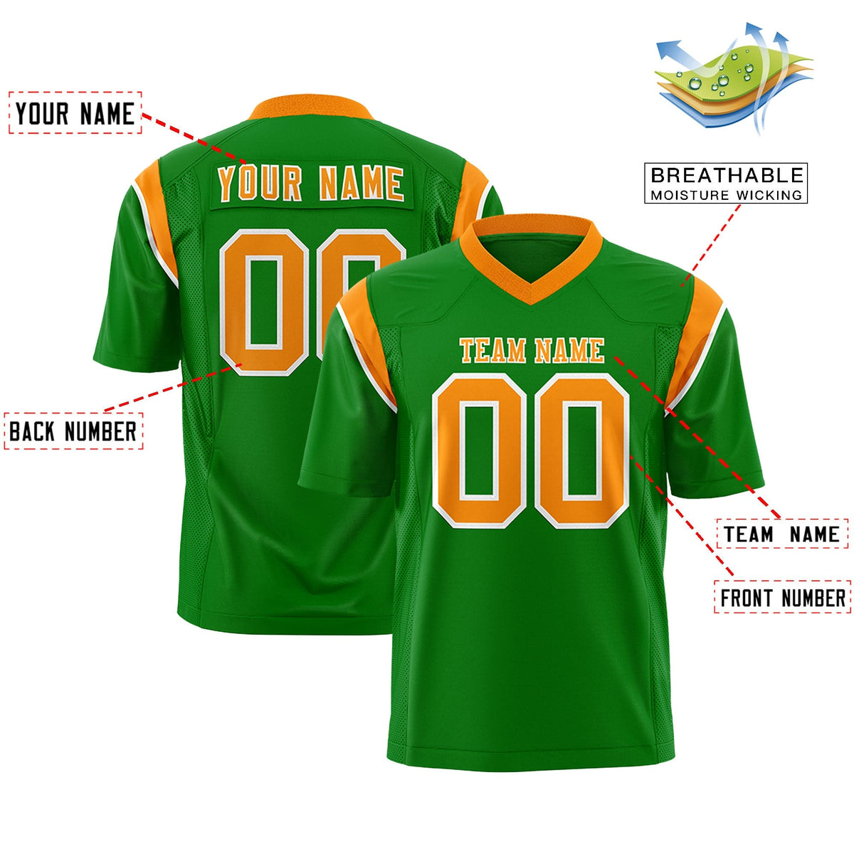 Custom Kelly Green Gold Orange Personalized Shoulder Cut Two-Tone Authentic American Football Jersey