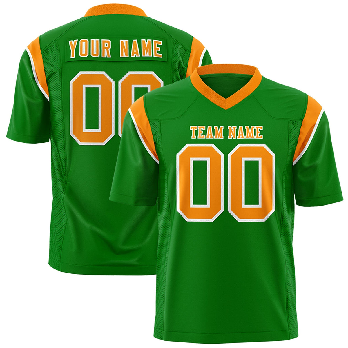 Custom Kelly Green Gold Orange Personalized Shoulder Cut Two-Tone Authentic American Football Jersey