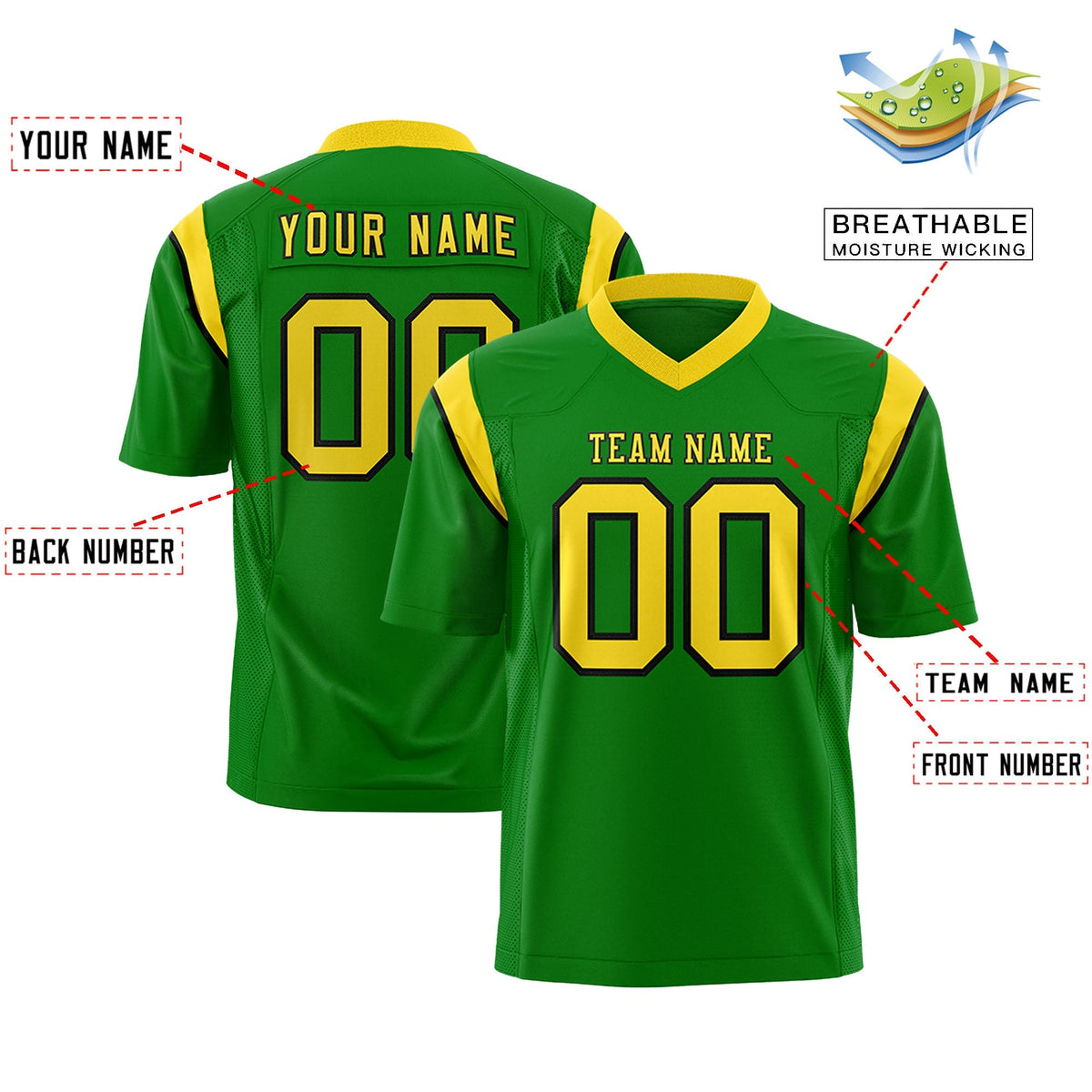 Custom Kelly Green Gold Personalized Shoulder Cut Two-Tone Authentic American Football Jersey