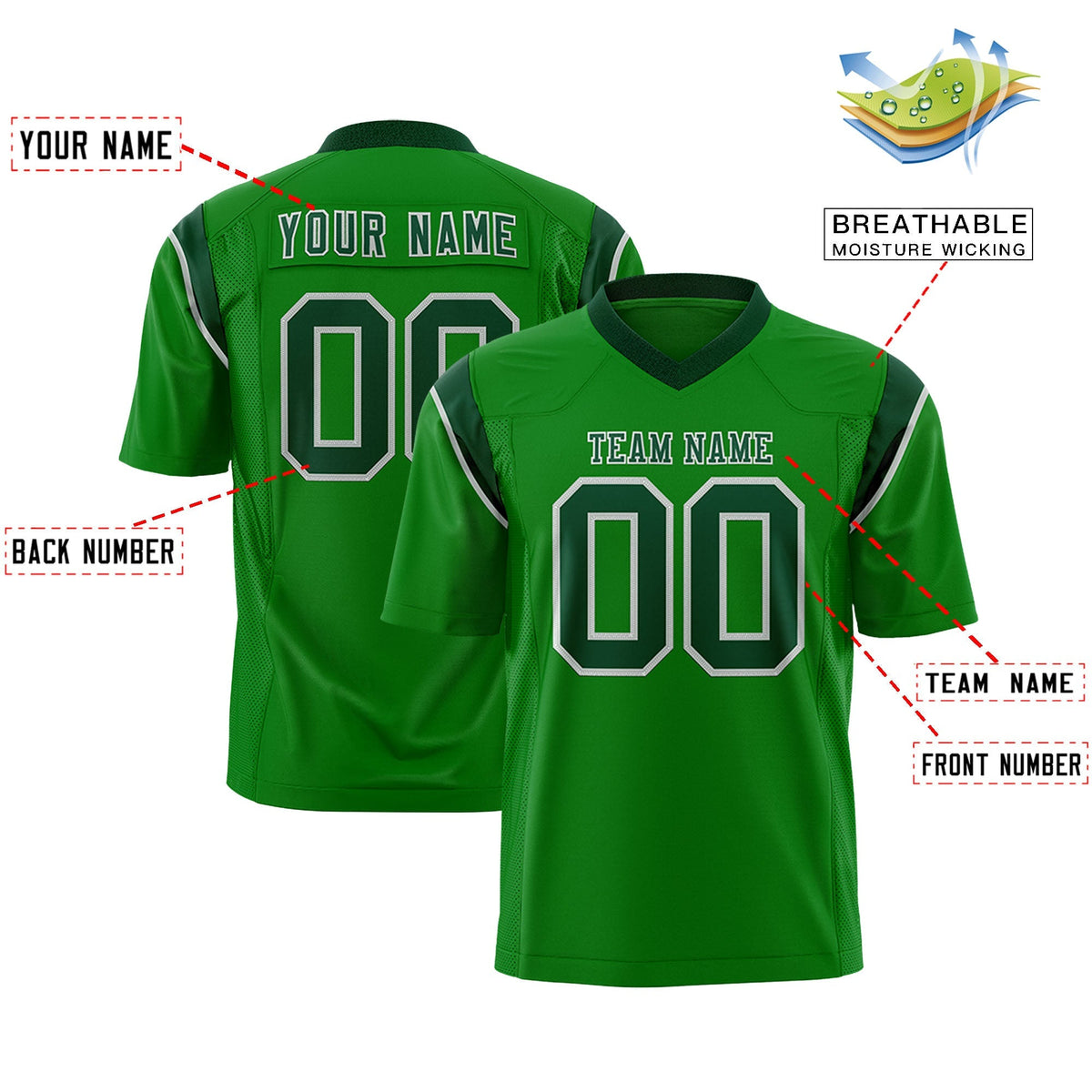 Custom Kelly Green Green Personalized Shoulder Cut Two-Tone Authentic American Football Jersey