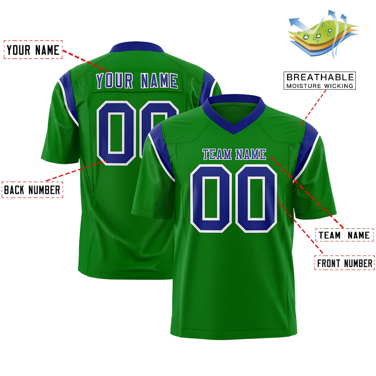 Custom Kelly Green Royal Personalized Shoulder Cut Two-Tone Authentic American Football Jersey