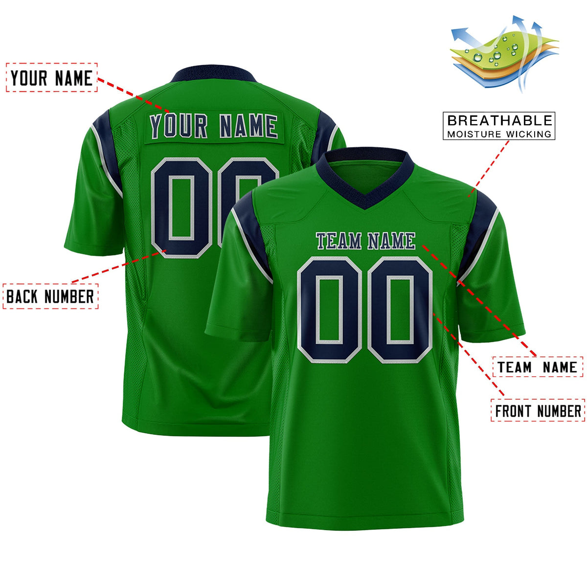 Custom Kelly Green Navy Personalized Shoulder Cut Two-Tone Authentic American Football Jersey