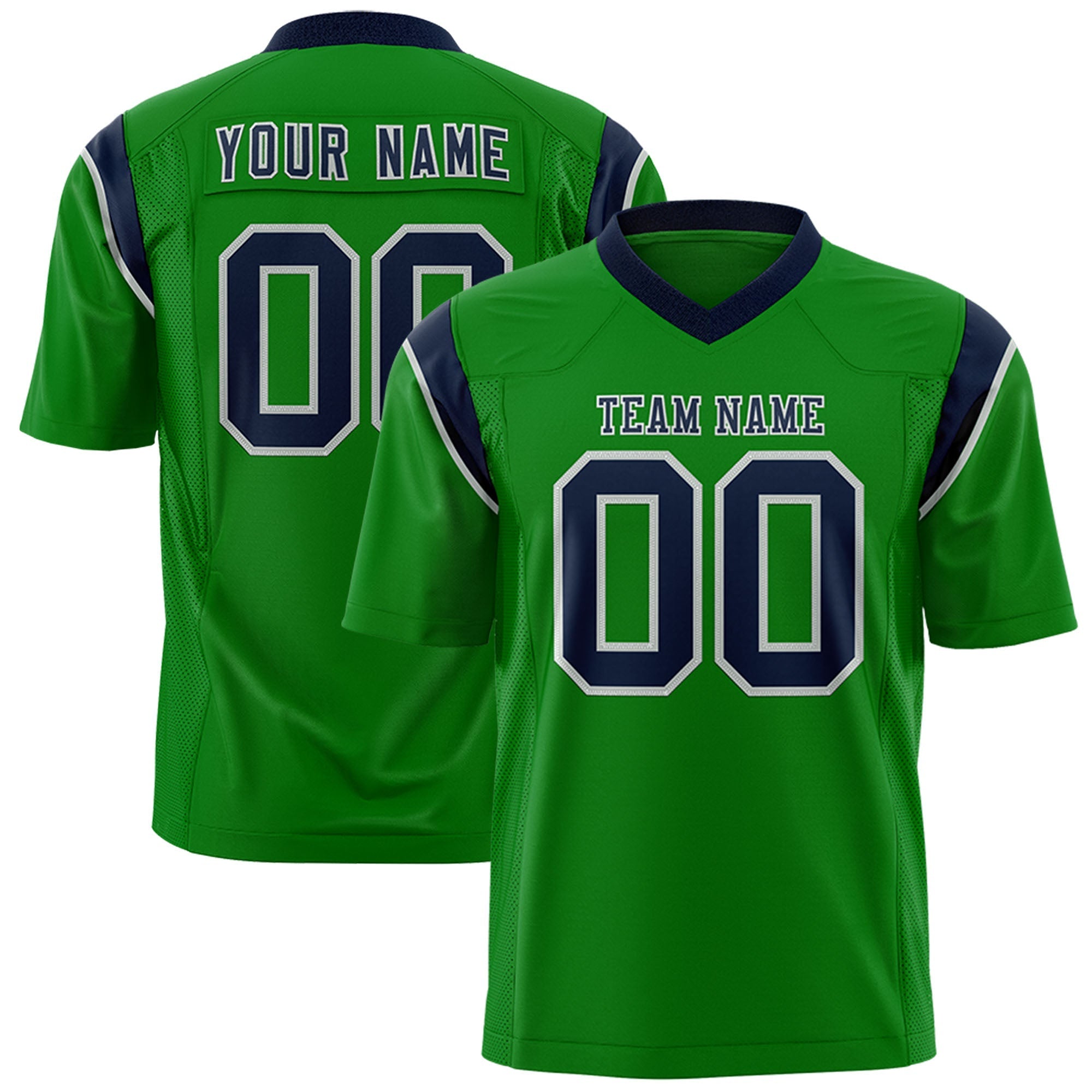 Custom Kelly Green Navy Personalized Shoulder Cut Two-Tone Authentic American Football Jersey
