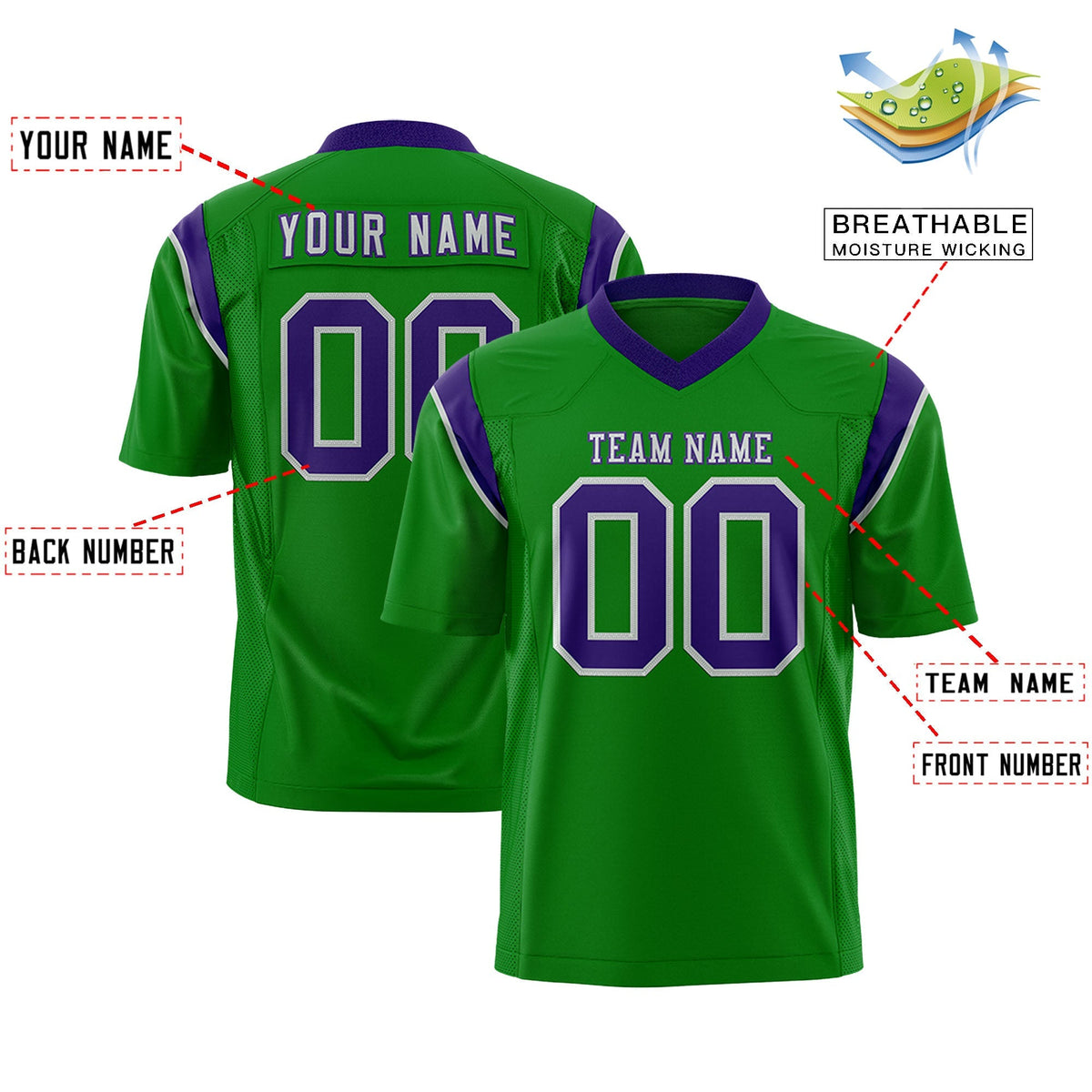 Custom Kelly Green Purple Personalized Shoulder Cut Two-Tone Authentic American Football Jersey