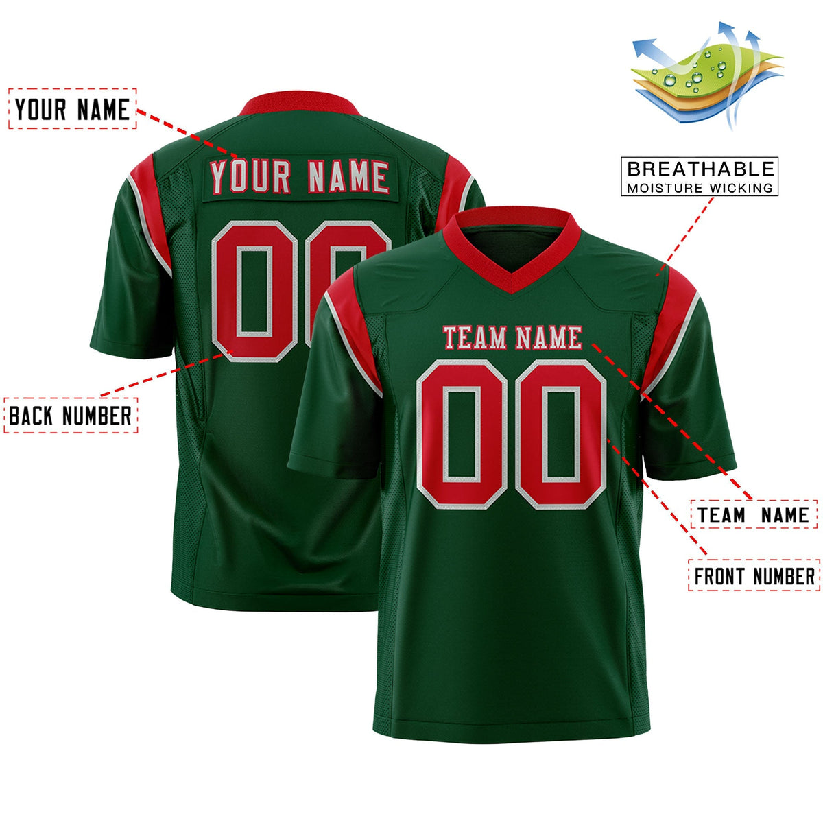 Custom Green Red Personalized Shoulder Cut Two-Tone Authentic American Football Jersey