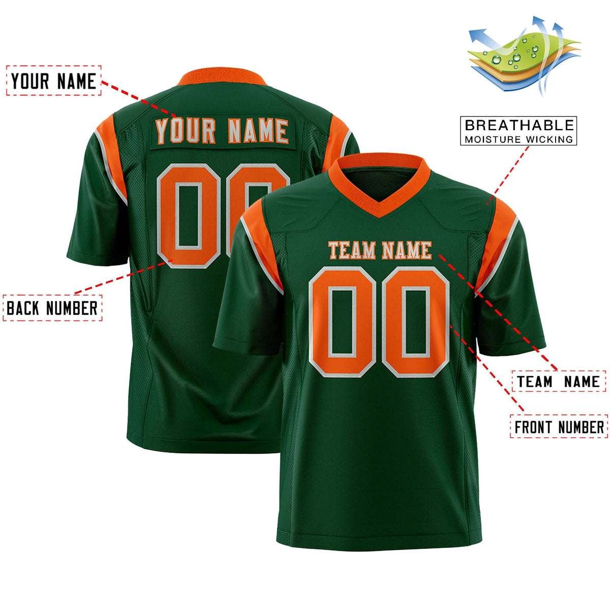 Custom Green Orange Personalized Shoulder Cut Two-Tone Authentic American Football Jersey