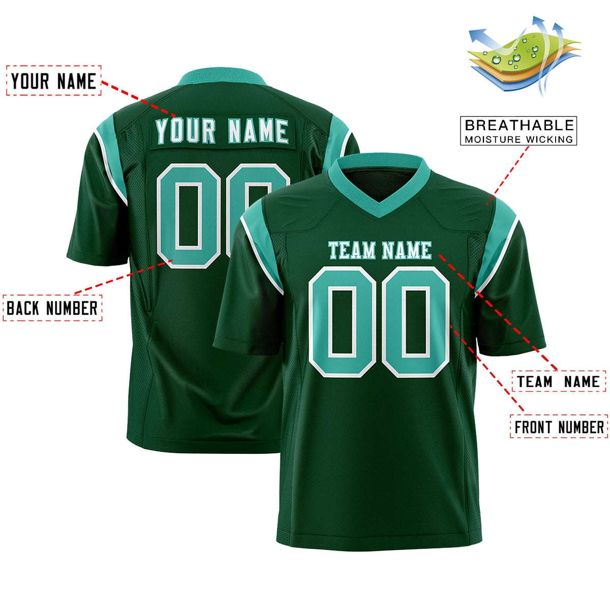 Custom Green Aqua Personalized Shoulder Cut Two-Tone Authentic American Football Jersey
