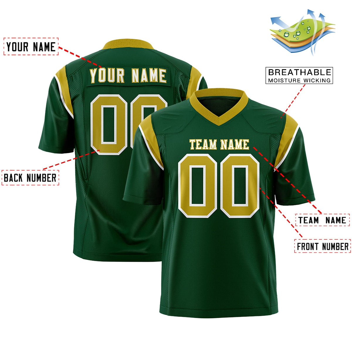 Custom Green Old Gold Personalized Shoulder Cut Two-Tone Authentic American Football Jersey