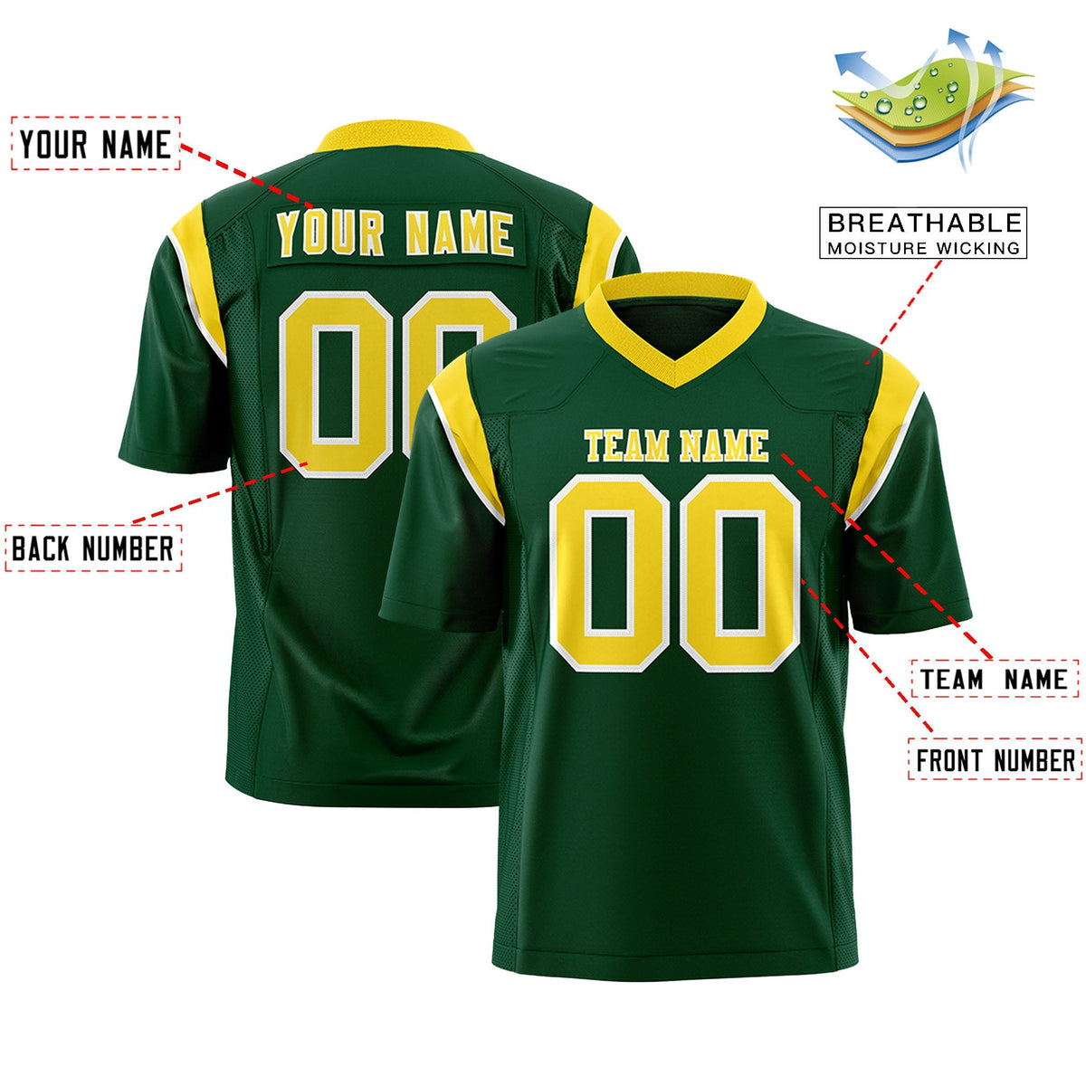 Custom Green Gold Personalized Shoulder Cut Two-Tone Authentic American Football Jersey