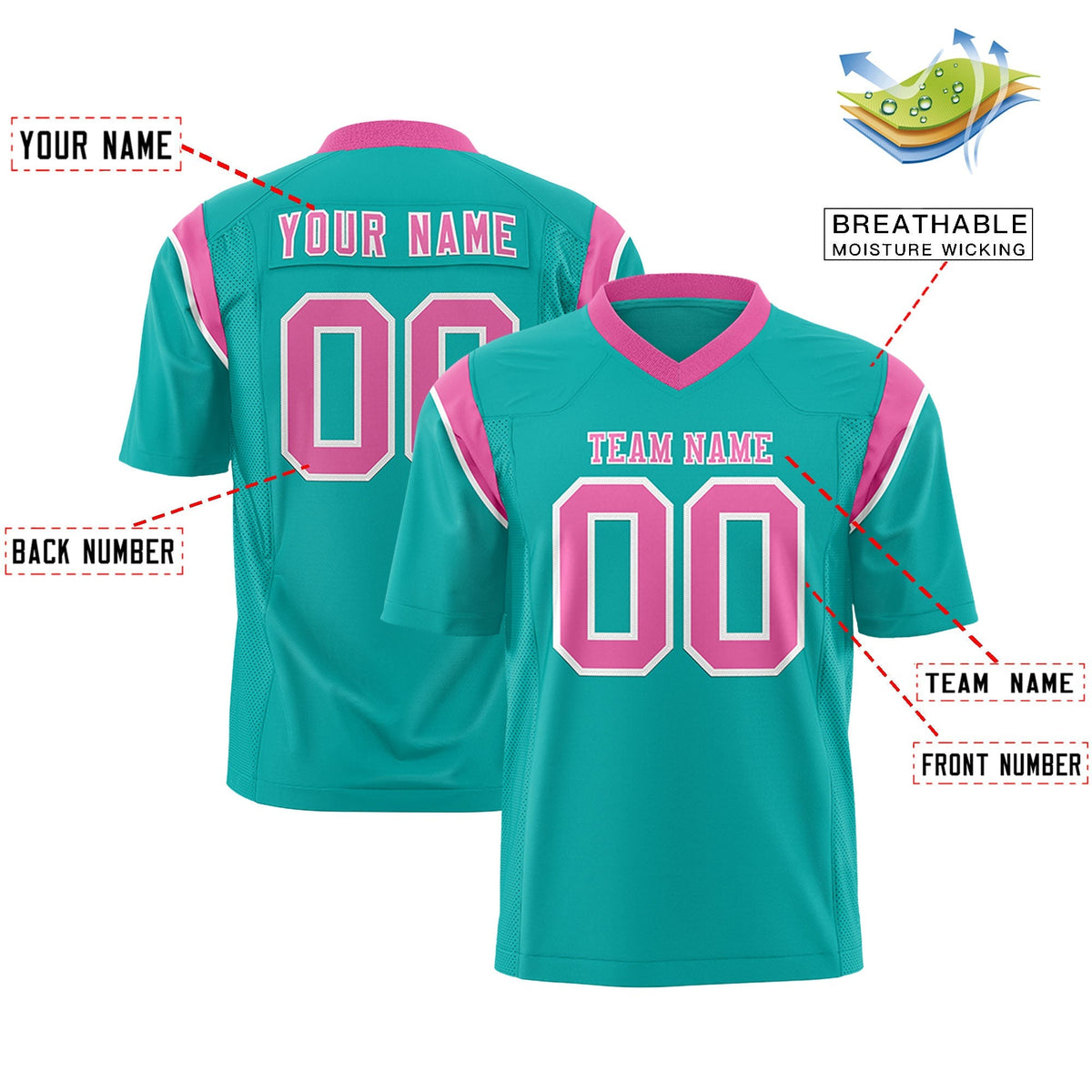 Custom Aqua Pink Personalized Shoulder Cut Two-Tone Authentic American Football Jersey