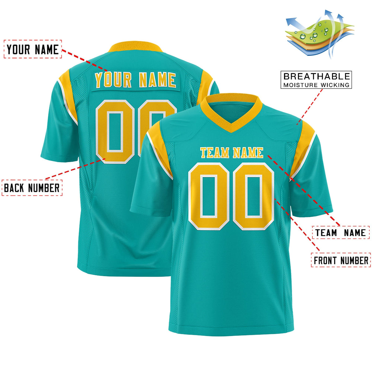 Custom Aqua Gold Personalized Shoulder Cut Two-Tone Authentic American Football Jersey