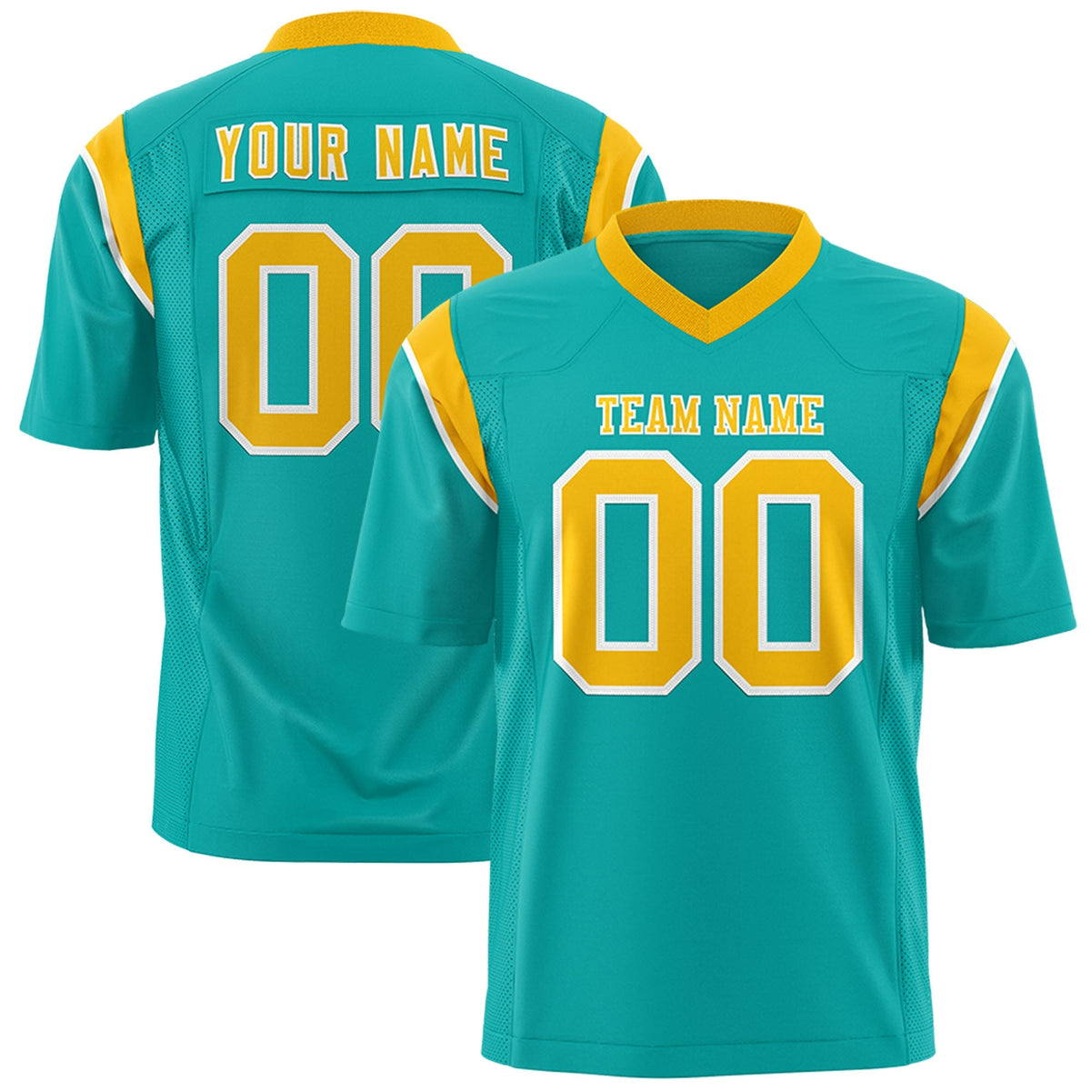 Custom Aqua Gold Personalized Shoulder Cut Two-Tone Authentic American Football Jersey