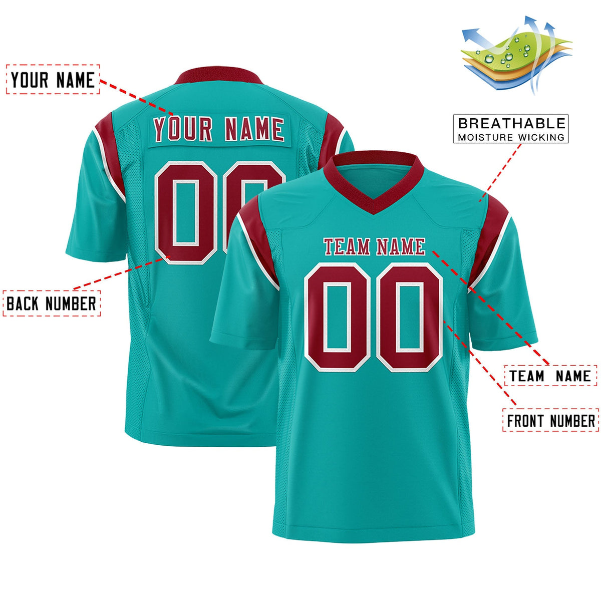 Custom Aqua Cardinal Personalized Shoulder Cut Two-Tone Authentic American Football Jersey