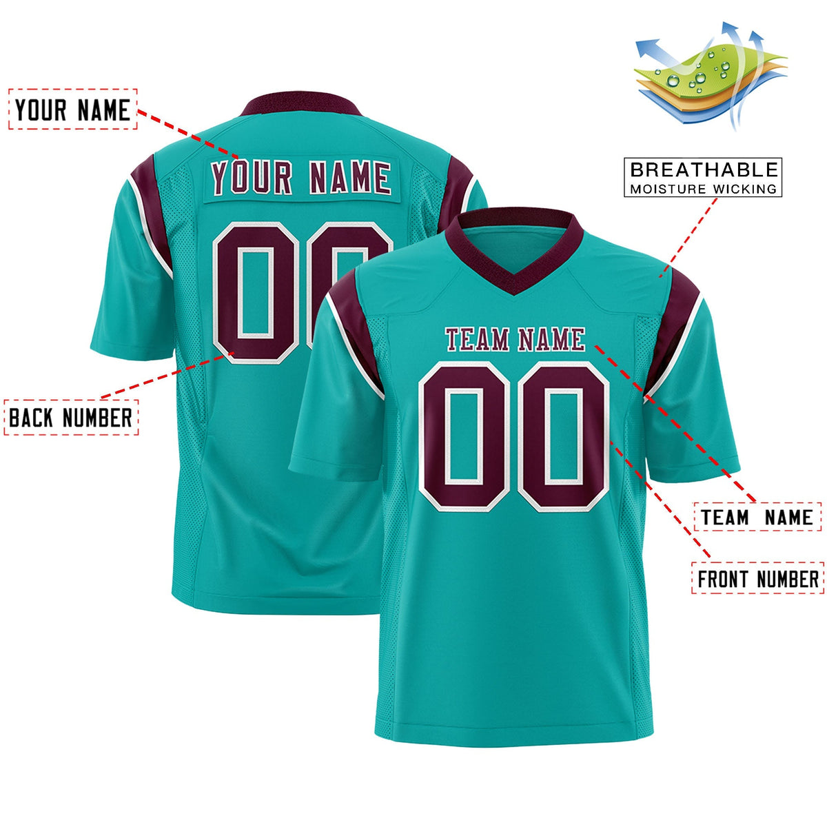 Custom Aqua Crimson Personalized Shoulder Cut Two-Tone Authentic American Football Jersey