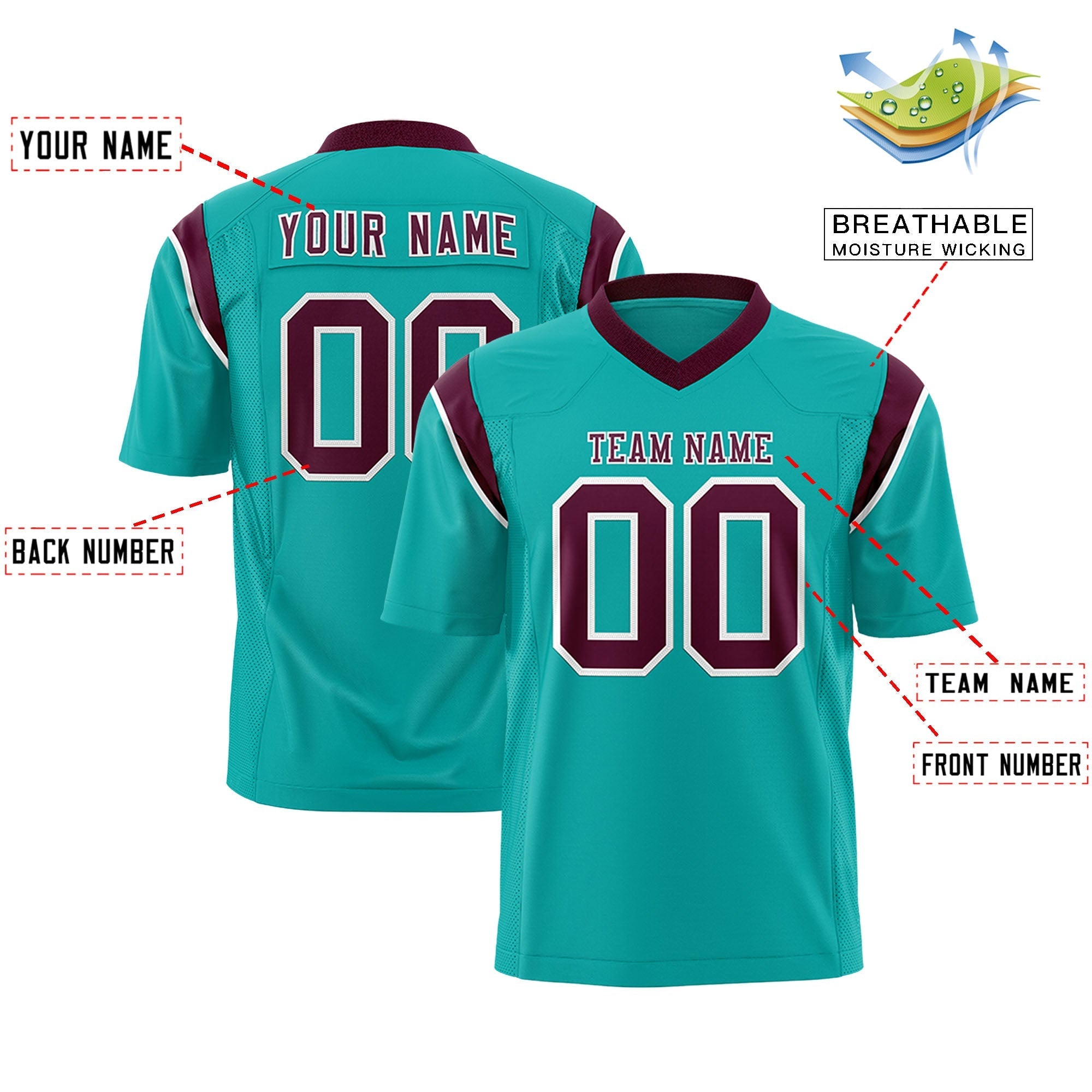 Custom Aqua Crimson Personalized Shoulder Cut Two-Tone Authentic American Football Jersey