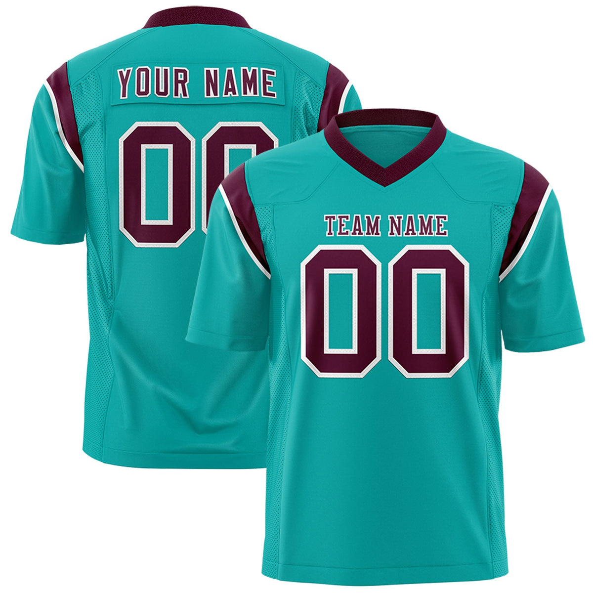 Custom Aqua Crimson Personalized Shoulder Cut Two-Tone Authentic American Football Jersey