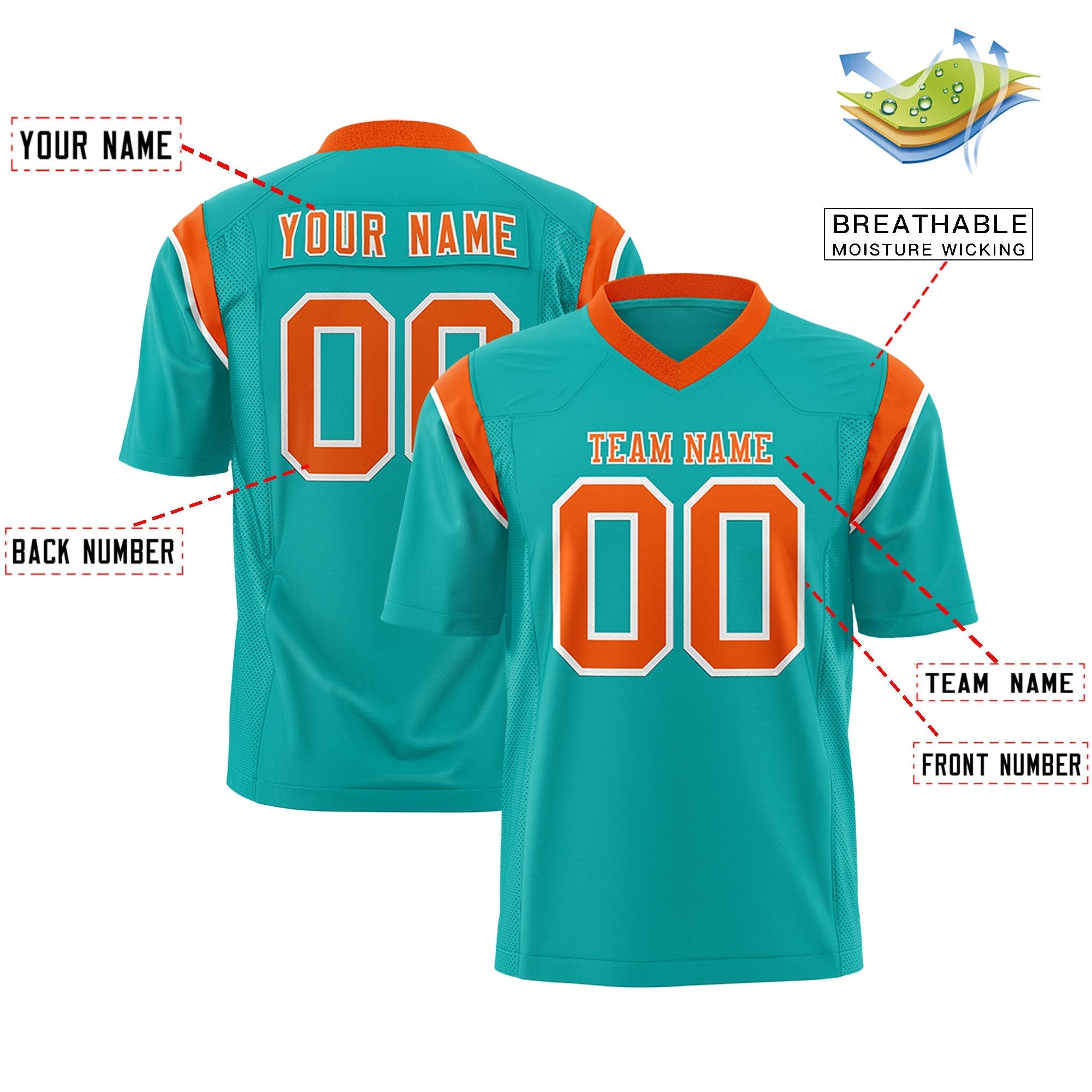 Custom Aqua Orange Personalized Shoulder Cut Two-Tone Authentic American Football Jersey