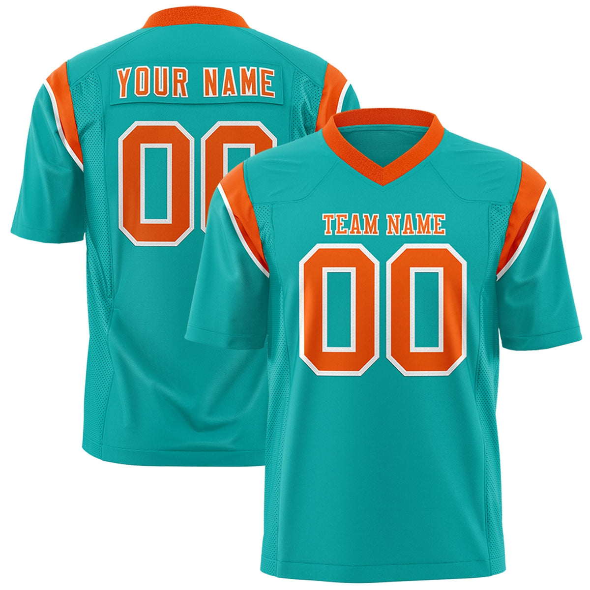 Custom Aqua Orange Personalized Shoulder Cut Two-Tone Authentic American Football Jersey