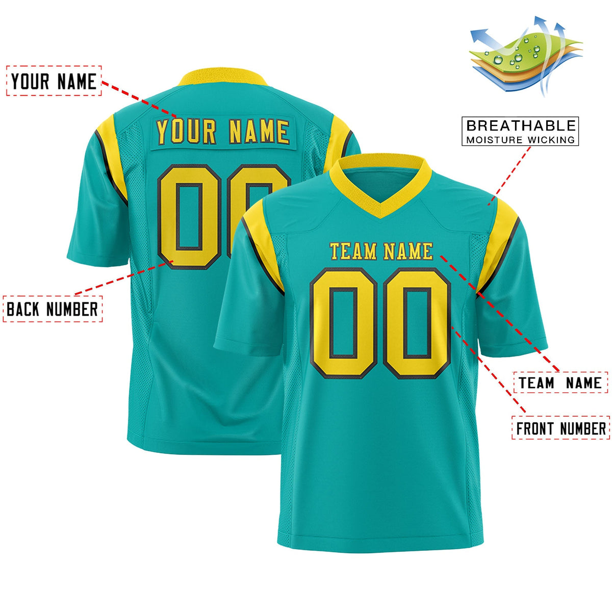 Custom Aqua Gold Personalized Shoulder Cut Two-Tone Authentic American Football Jersey