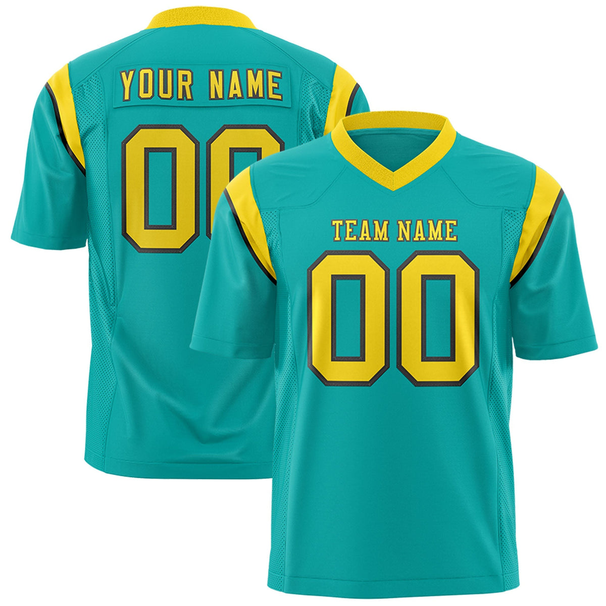 Custom Aqua Gold Personalized Shoulder Cut Two-Tone Authentic American Football Jersey