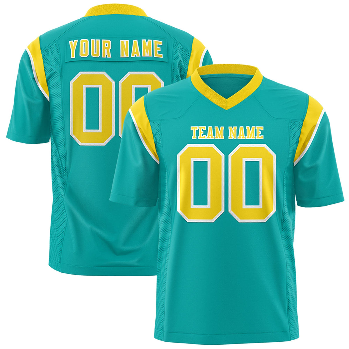 Custom Aqua Gold Personalized Shoulder Cut Two-Tone Authentic American Football Jersey