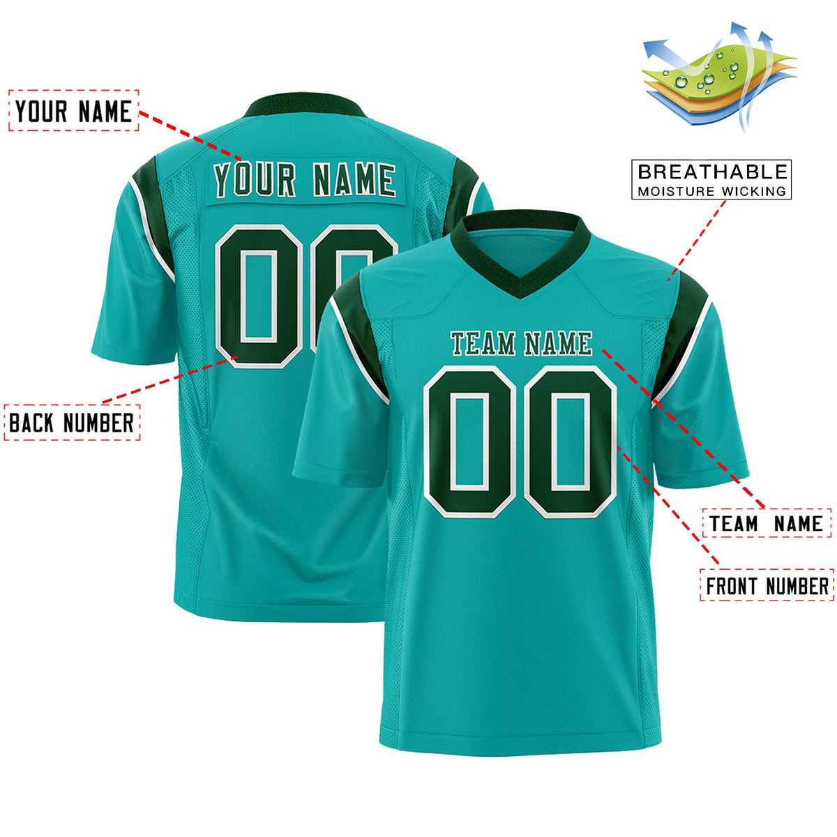 Custom Aqua Green Personalized Shoulder Cut Two-Tone Authentic American Football Jersey