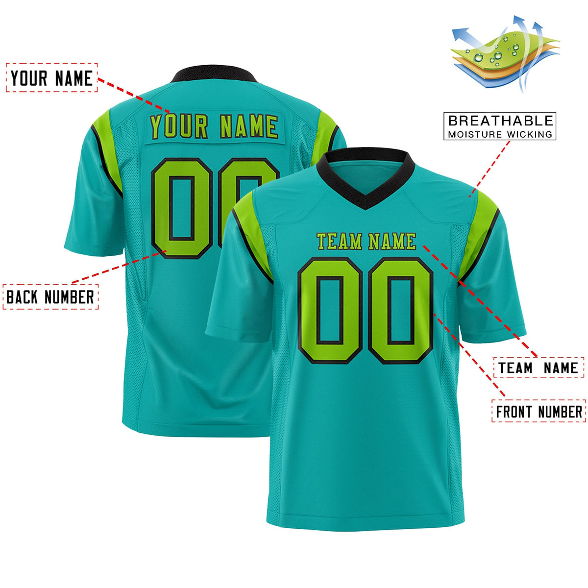 Custom Aqua Neon Green Personalized Shoulder Cut Two-Tone Authentic American Football Jersey