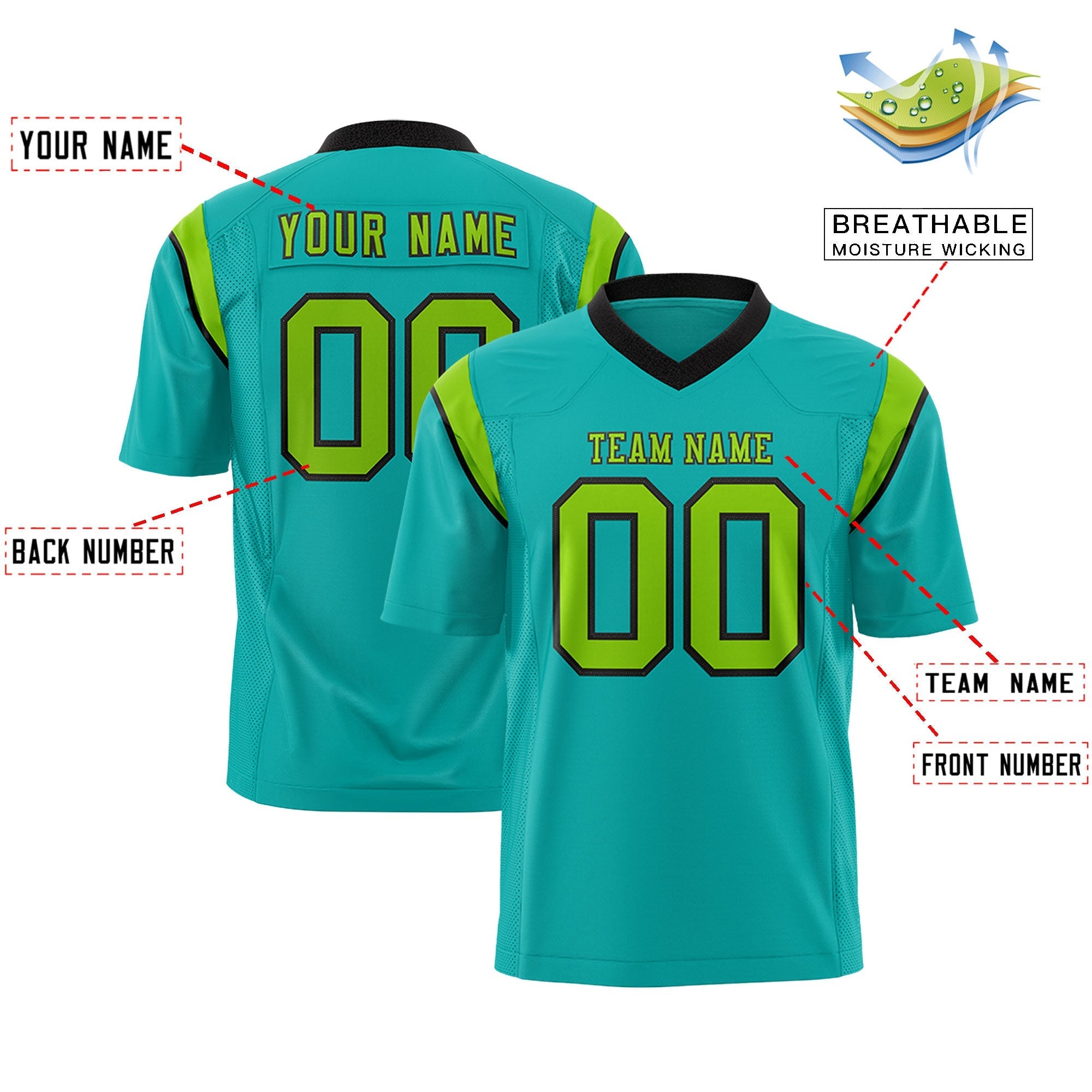 Custom Aqua Neon Green Personalized Shoulder Cut Two-Tone Authentic American Football Jersey