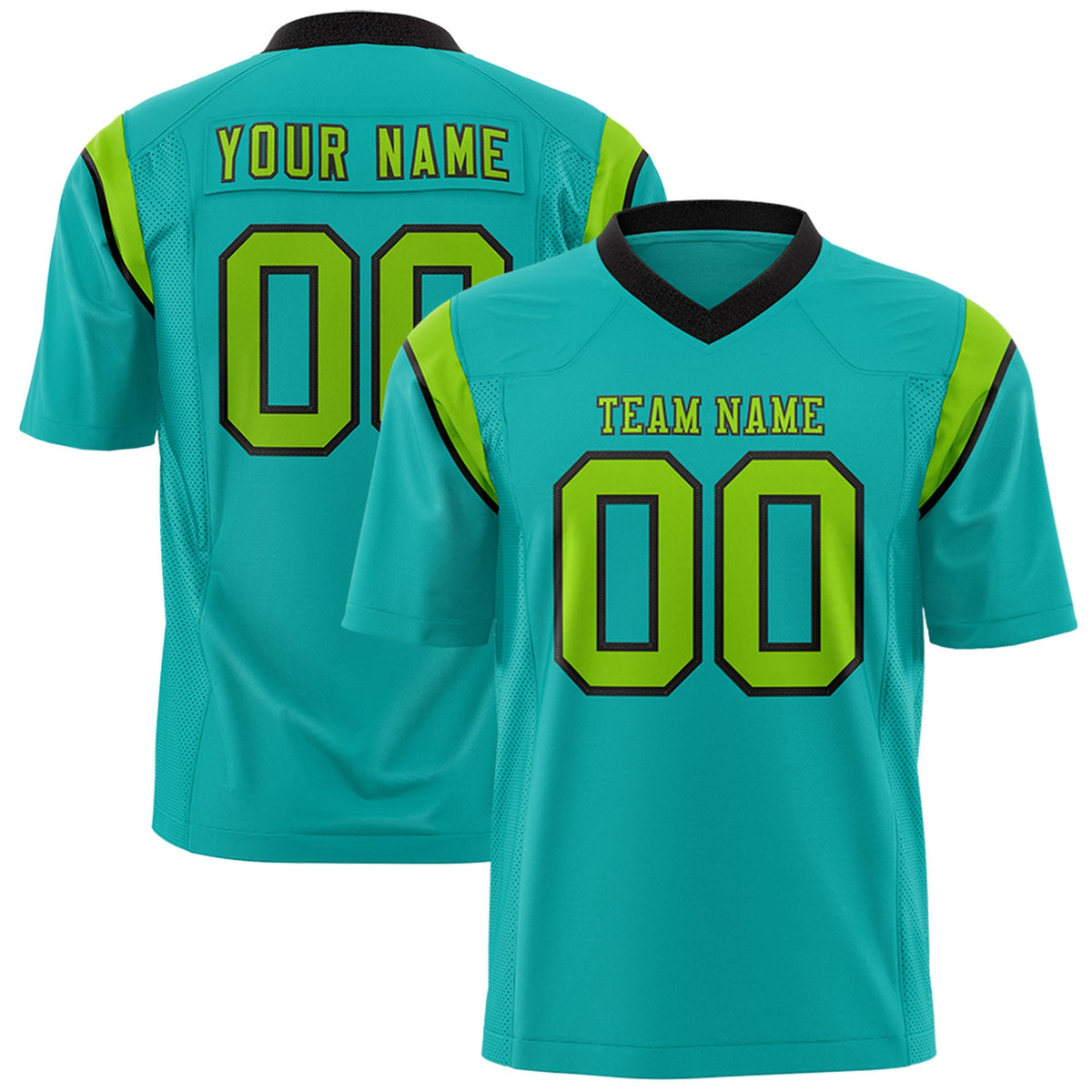 Custom Aqua Neon Green Personalized Shoulder Cut Two-Tone Authentic American Football Jersey