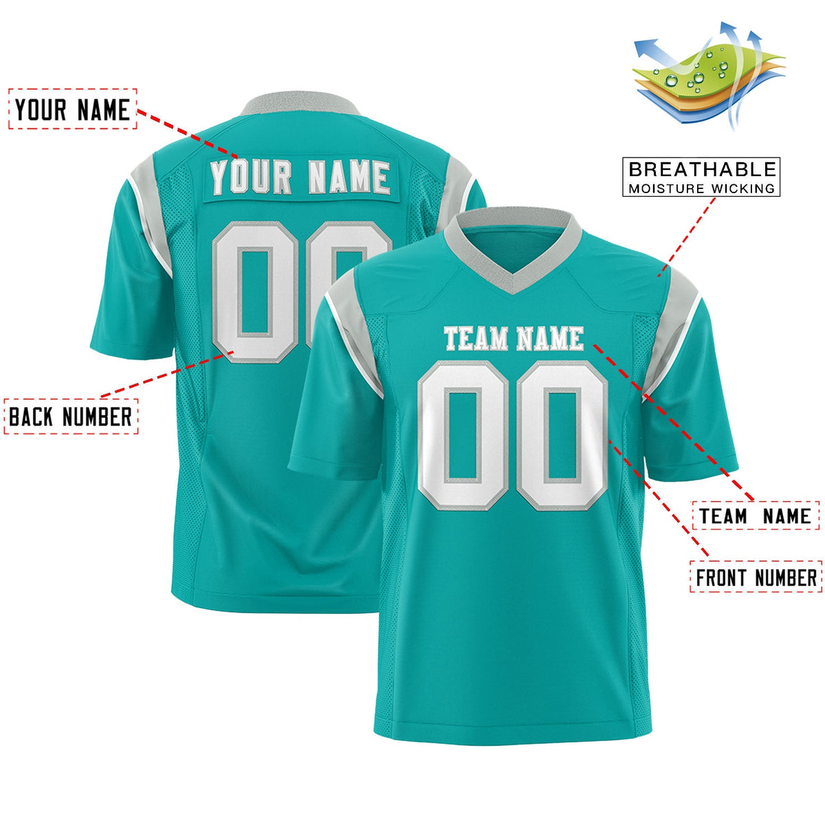 Custom Aqua White Personalized Shoulder Cut Two-Tone Authentic American Football Jersey