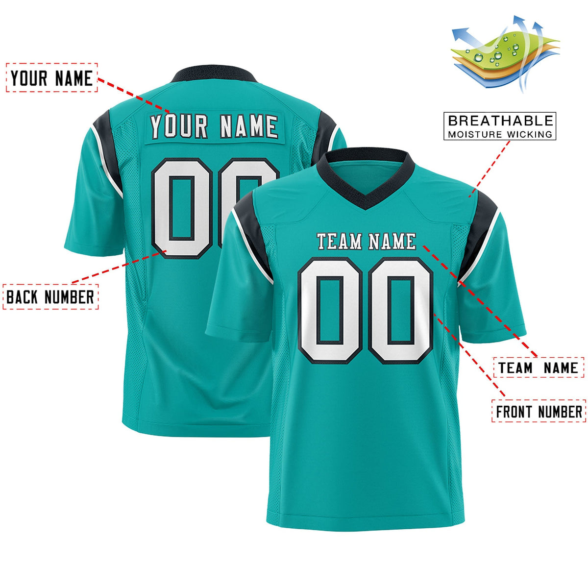 Custom Aqua Black Personalized Shoulder Cut Two-Tone Authentic American Football Jersey