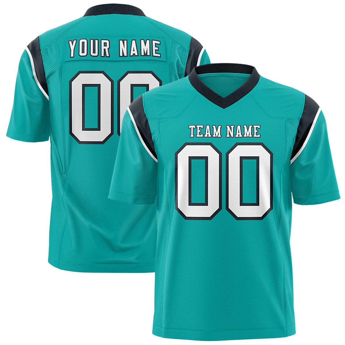 Custom Aqua Black Personalized Shoulder Cut Two-Tone Authentic American Football Jersey