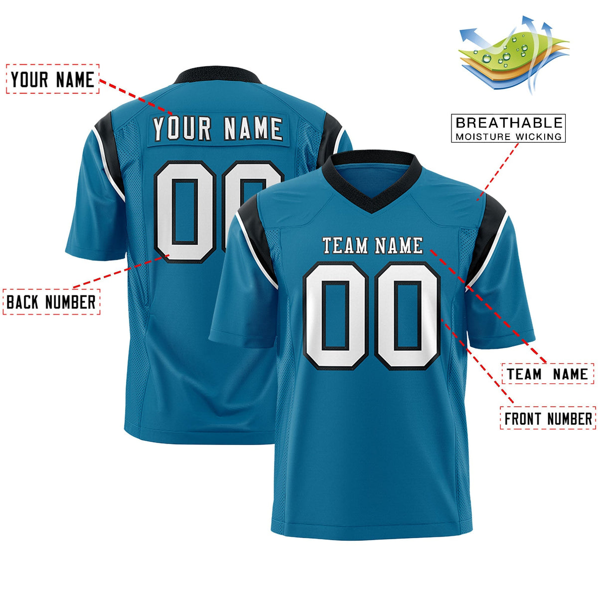 Custom Aqua Black Personalized Shoulder Cut Two-Tone Authentic American Football Jersey