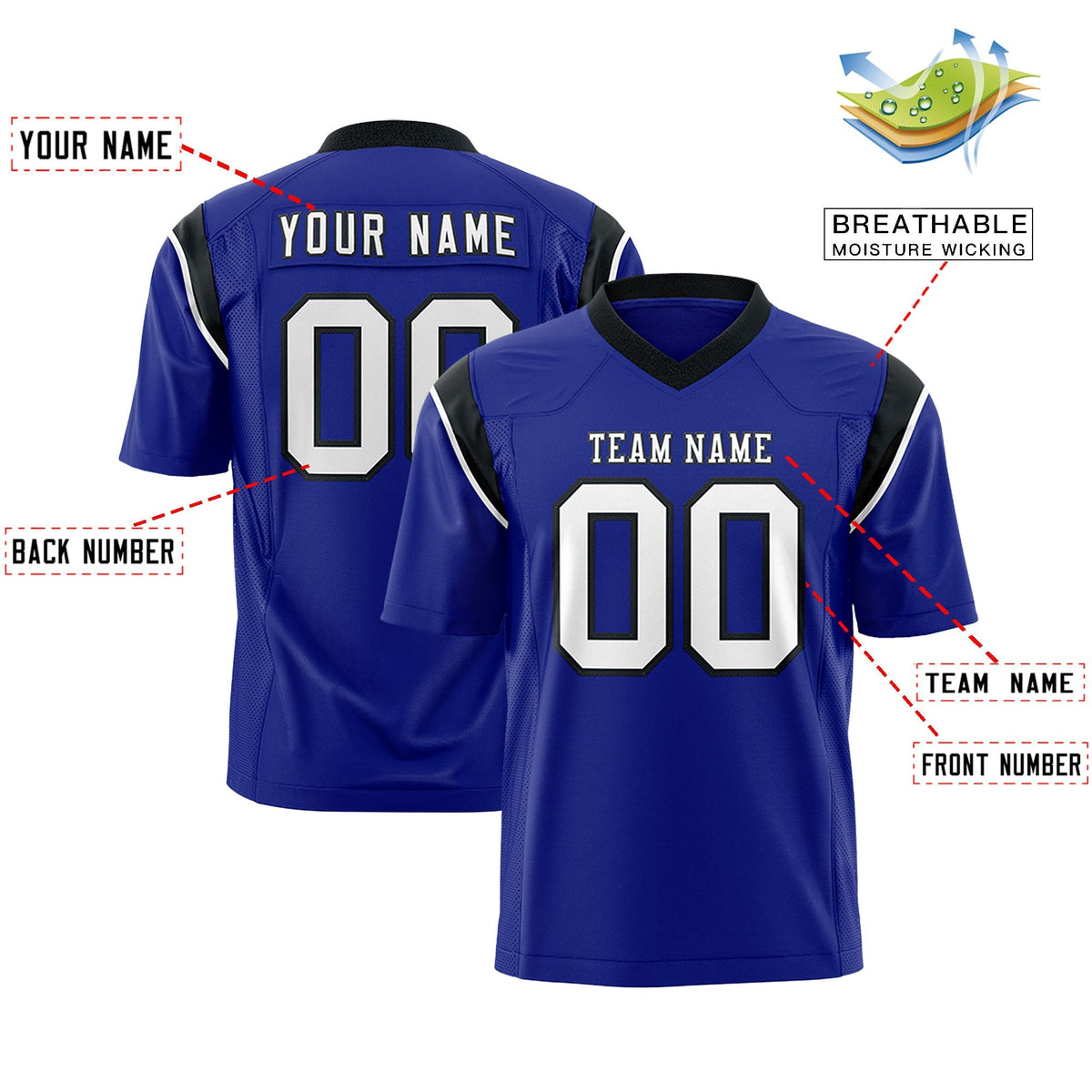 Custom Royal Black Personalized Shoulder Cut Two-Tone Authentic American Football Jersey