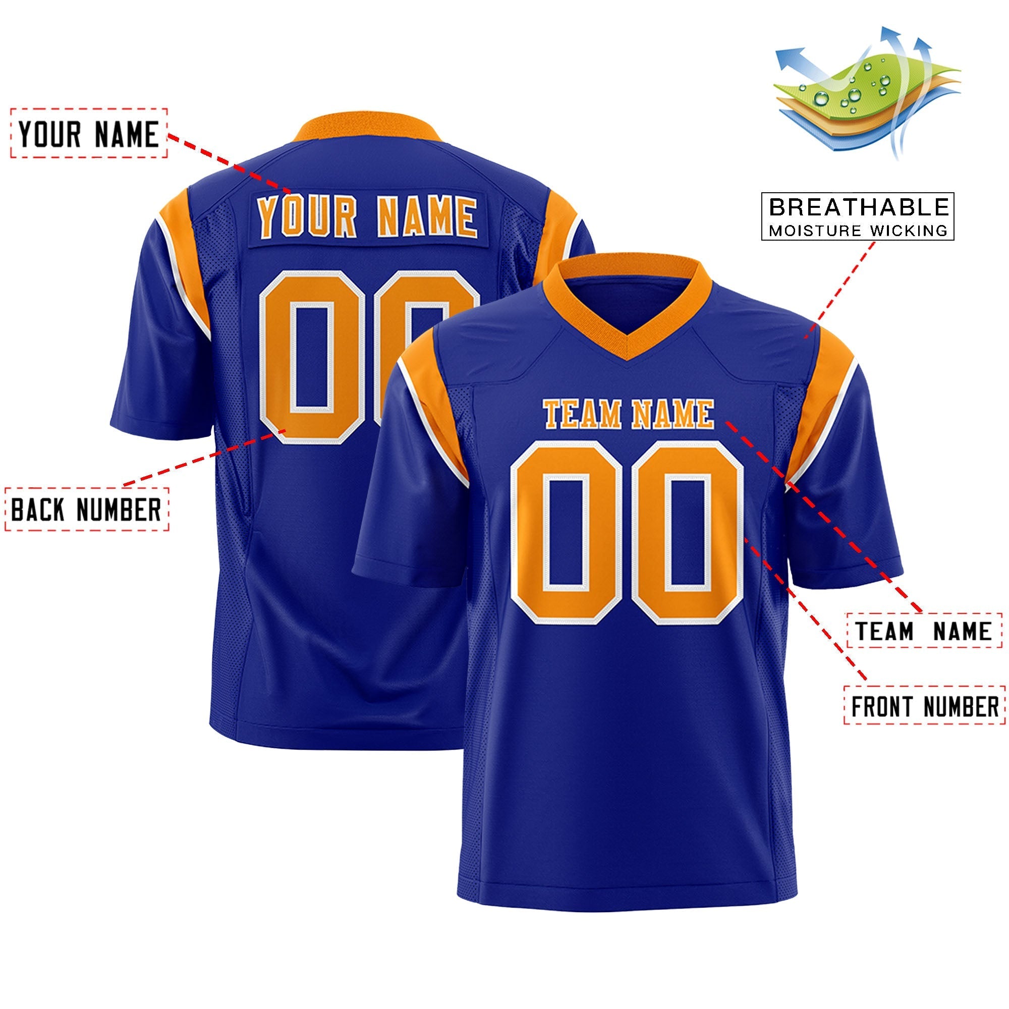 Custom Royal Orange Personalized Shoulder Cut Two-Tone Authentic American Football Jersey