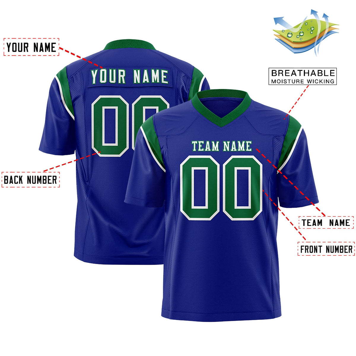 Custom Royal Kelly Green Personalized Shoulder Cut Two-Tone Authentic American Football Jersey