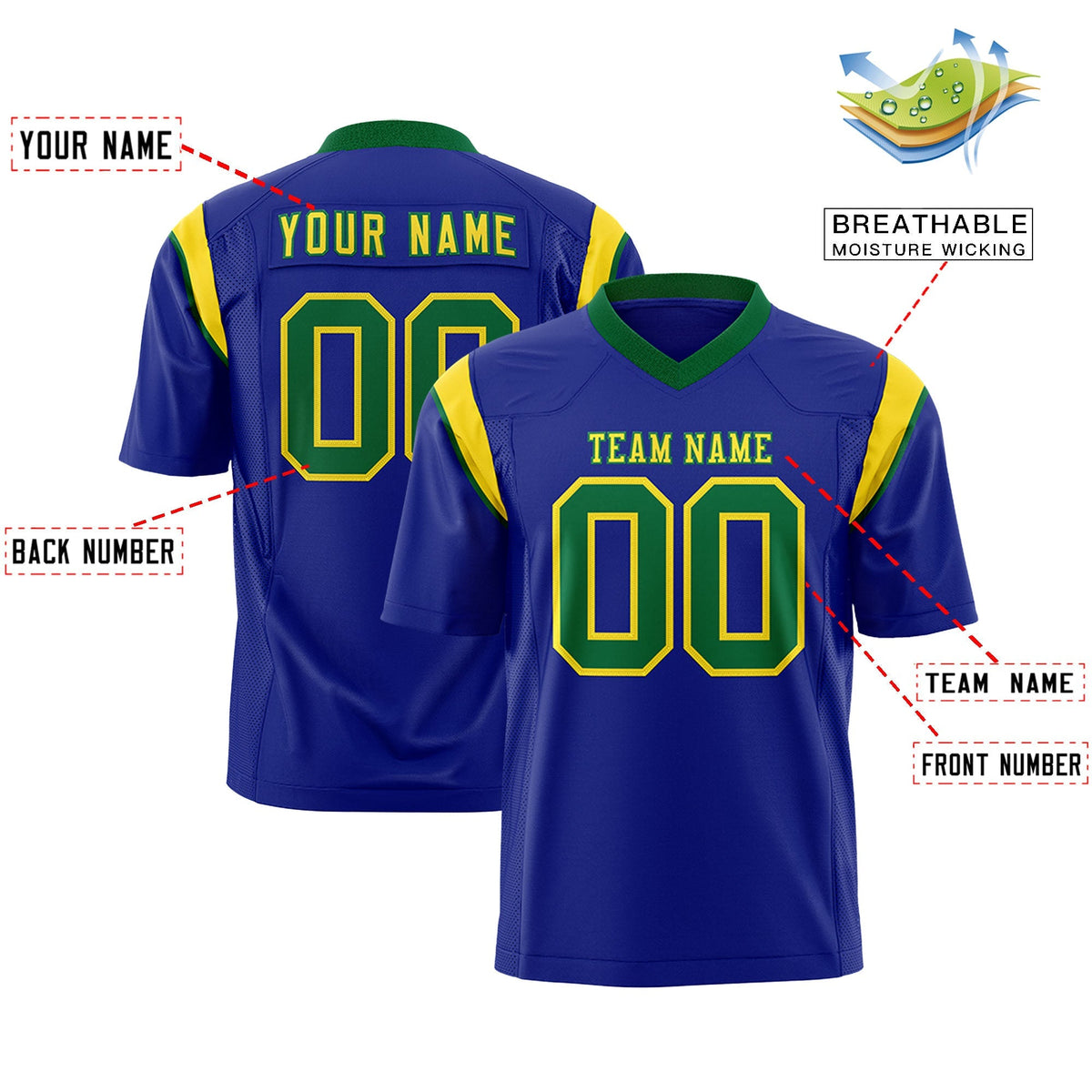Custom Royal Kelly Green Personalized Shoulder Cut Two-Tone Authentic American Football Jersey