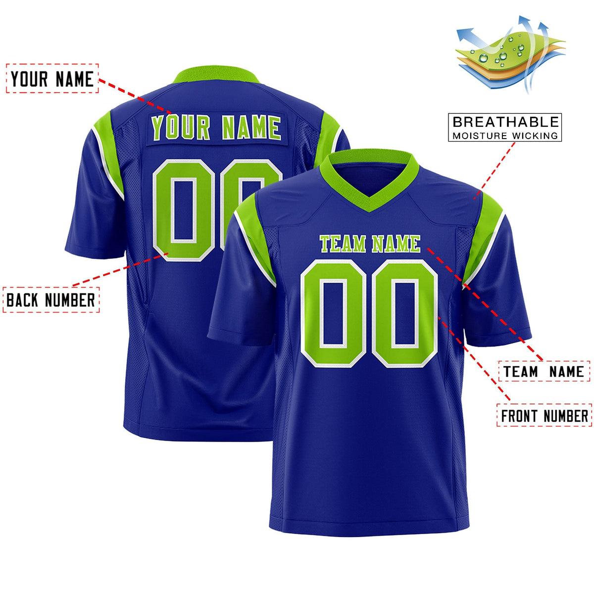 Custom Royal Neon Green Personalized Shoulder Cut Two-Tone Authentic American Football Jersey