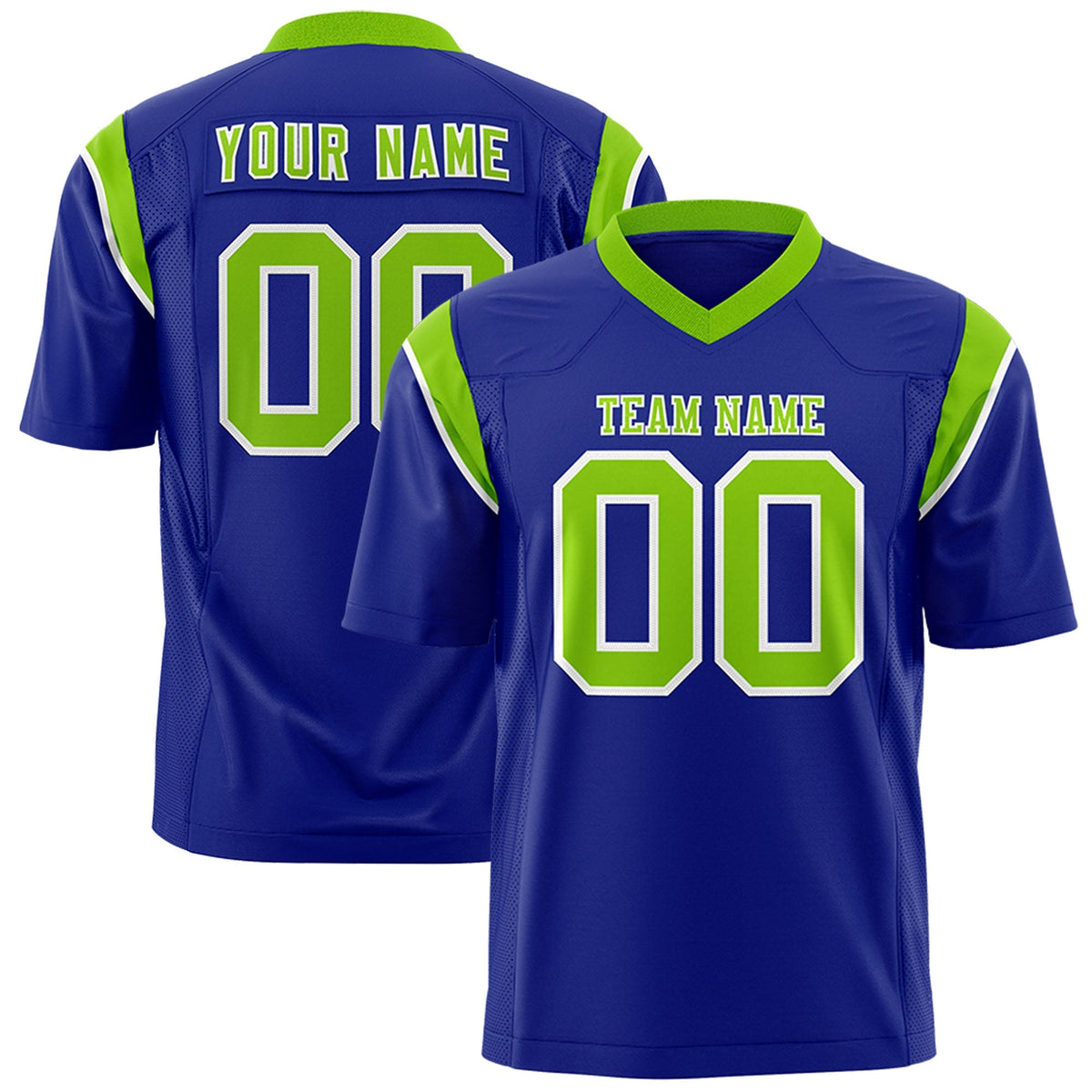 Custom Royal Neon Green Personalized Shoulder Cut Two-Tone Authentic American Football Jersey