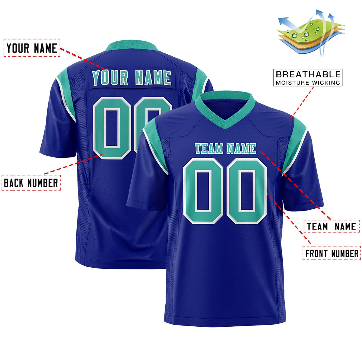 Custom Royal Aqua Personalized Shoulder Cut Two-Tone Authentic American Football Jersey