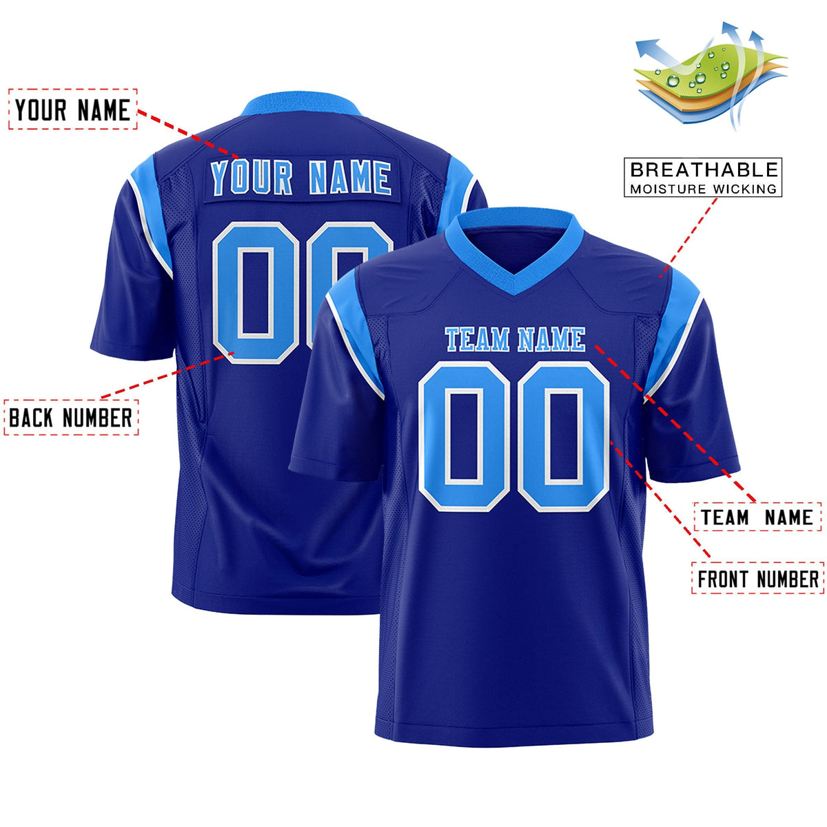 Custom Royal Light Blue Personalized Shoulder Cut Two-Tone Authentic American Football Jersey