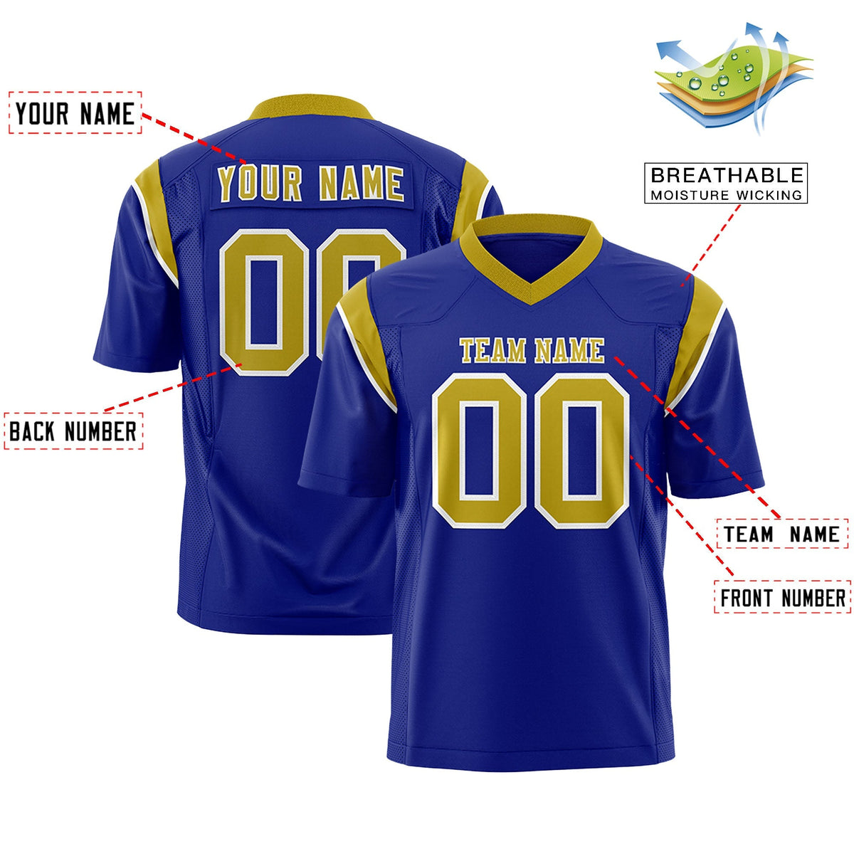 Custom Royal Old Gold Personalized Shoulder Cut Two-Tone Authentic American Football Jersey