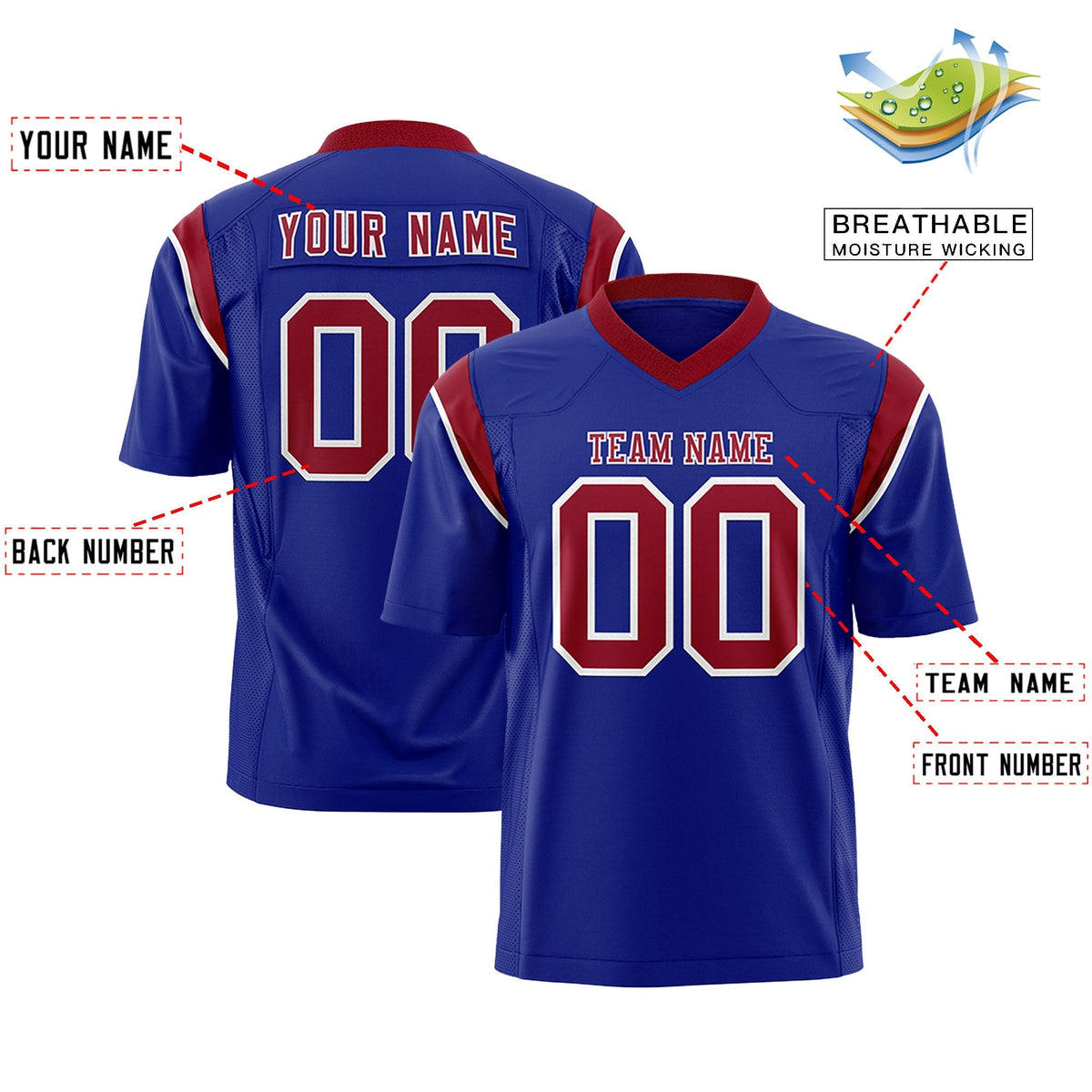 Custom Royal Cardinal Personalized Shoulder Cut Two-Tone Authentic American Football Jersey